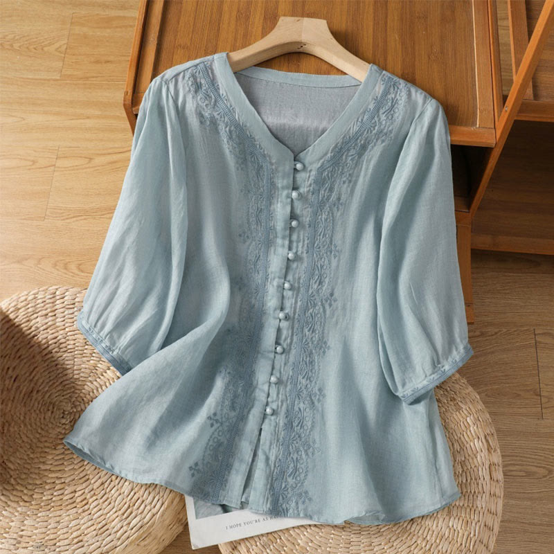 Buddha Stones Casual Embroidery Frog-Button Polyester Half Sleeve Women's V-neck Shirt - SkyBlue - US12，UK/AU16，EU44 (2XL) - image 5