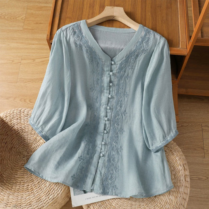 Buddha Stones Casual Embroidery Frog-Button Polyester Half Sleeve Women's V-neck Shirt - SkyBlue - US12，UK/AU16，EU44 (2XL) - image 5