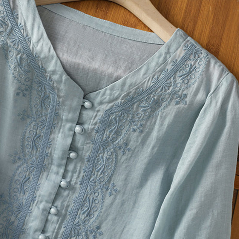 Buddha Stones Casual Embroidery Frog-Button Polyester Half Sleeve Women's V-neck Shirt - image 8