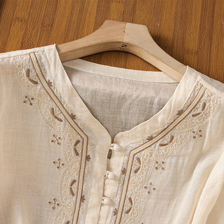 Buddha Stones Casual Embroidery Frog-Button Polyester Half Sleeve Women's V-neck Shirt - image 1