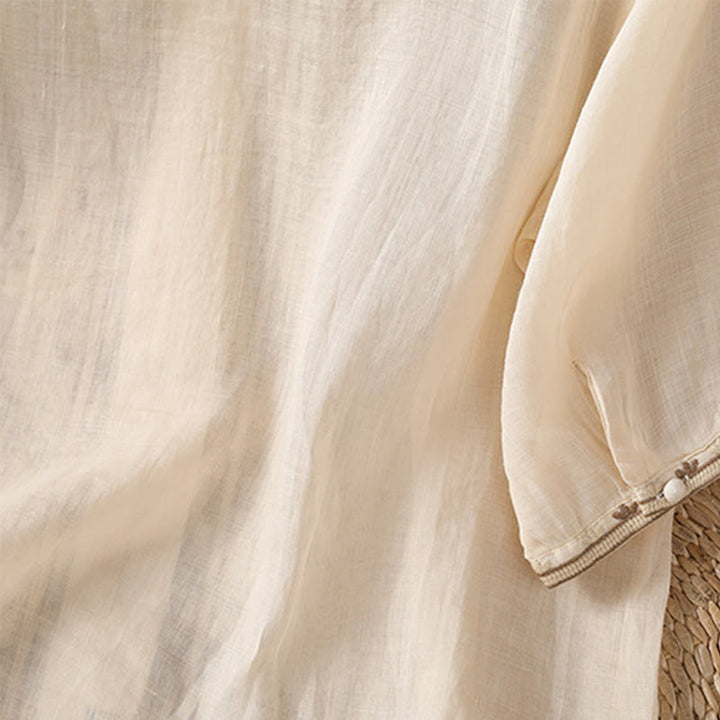 Buddha Stones Casual Embroidery Frog-Button Polyester Half Sleeve Women's V-neck Shirt - image 2