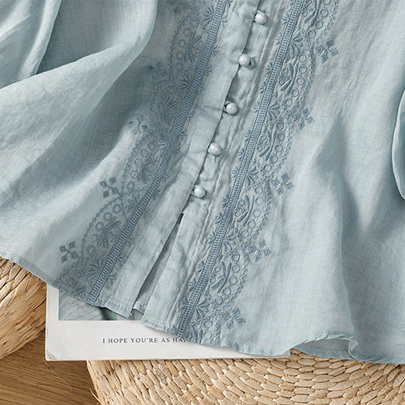 Buddha Stones Casual Embroidery Frog-Button Polyester Half Sleeve Women's V-neck Shirt - image 10