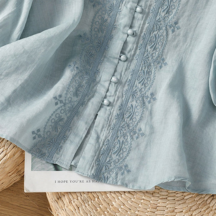 Buddha Stones Casual Embroidery Frog-Button Polyester Half Sleeve Women's V-neck Shirt - image 10