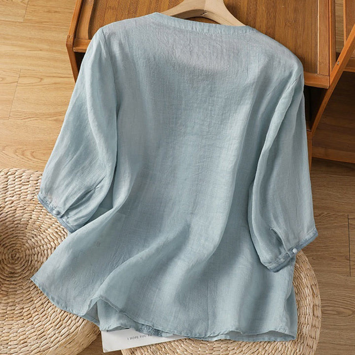 Buddha Stones Casual Embroidery Frog-Button Polyester Half Sleeve Women's V-neck Shirt - image 6