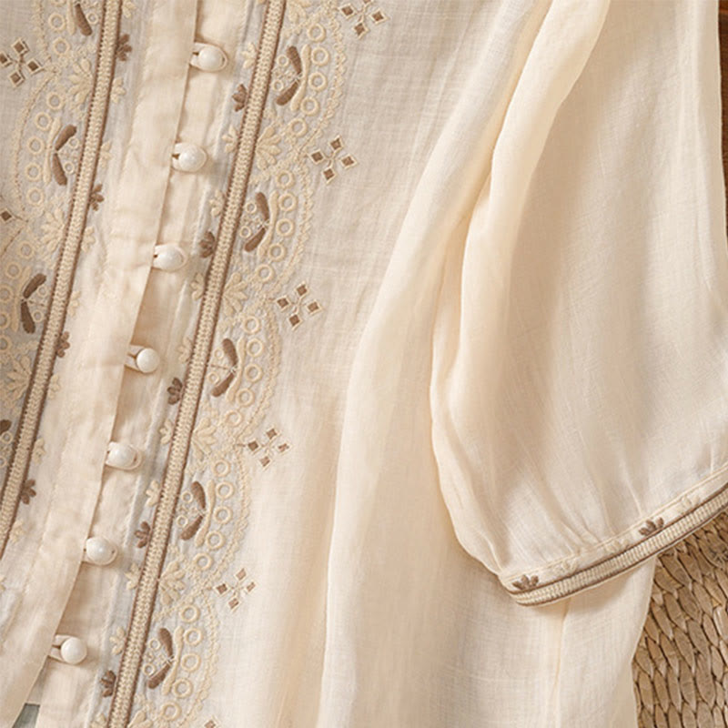 Buddha Stones Casual Embroidery Frog-Button Polyester Half Sleeve Women's V-neck Shirt - image 3