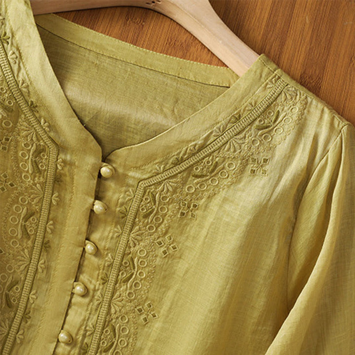 Buddha Stones Casual Embroidery Frog-Button Polyester Half Sleeve Women's V-neck Shirt - image 16