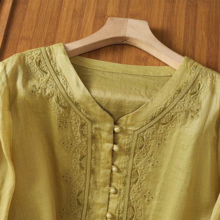 Buddha Stones Casual Embroidery Frog-Button Polyester Half Sleeve Women's V-neck Shirt - image 14