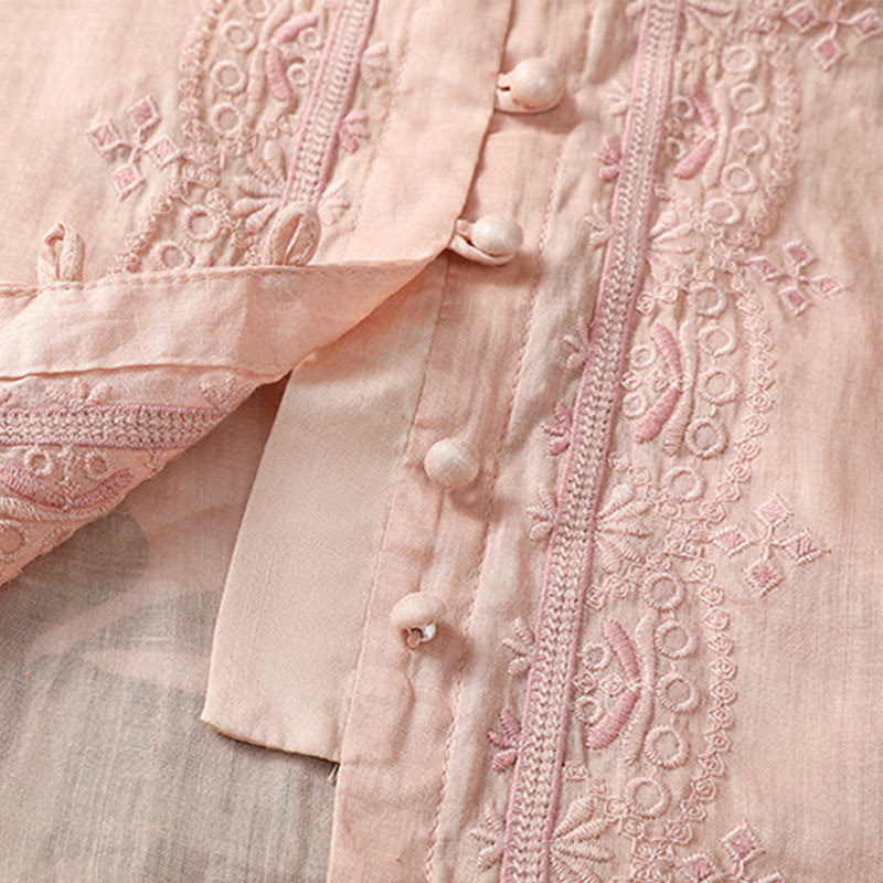 Buddha Stones Casual Embroidery Frog-Button Polyester Half Sleeve Women's V-neck Shirt - image 28