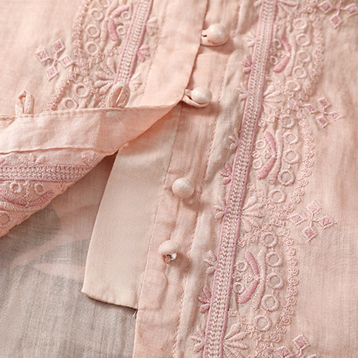 Buddha Stones Casual Embroidery Frog-Button Polyester Half Sleeve Women's V-neck Shirt - image 28