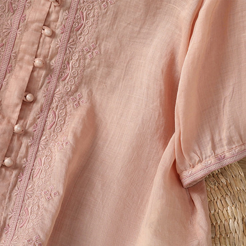 Buddha Stones Casual Embroidery Frog-Button Polyester Half Sleeve Women's V-neck Shirt - image 30