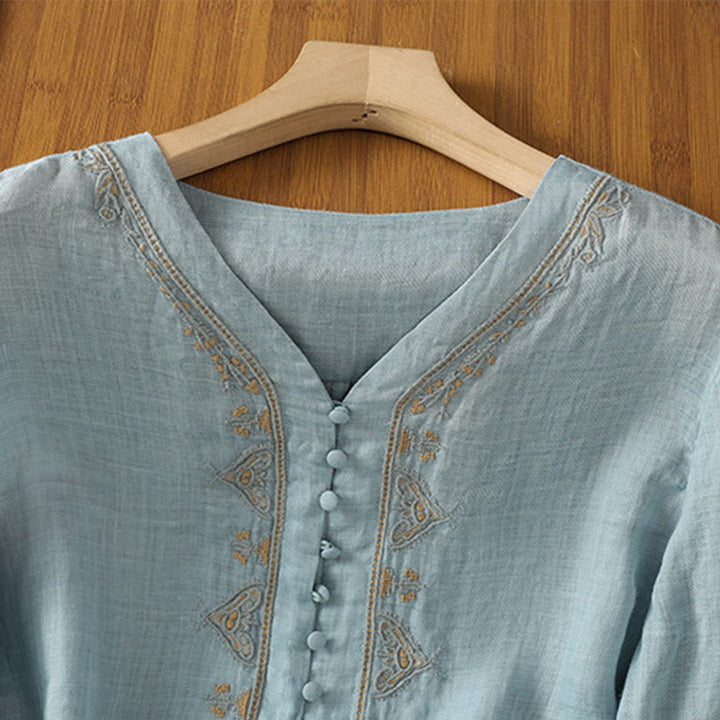 Buddha Stones Casual Embroidery Single Breasted Button Half Sleeve Women's V-neck Shirt - image 2