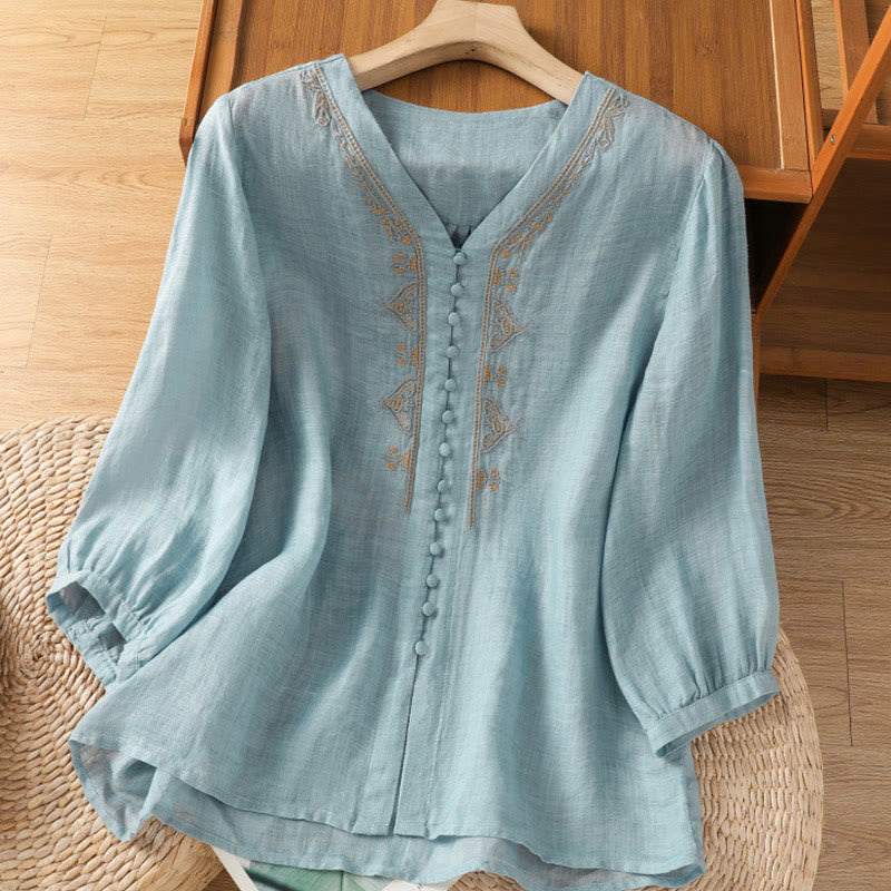 Buddha Stones Casual Embroidery Single Breasted Button Half Sleeve Women's V-neck Shirt - SkyBlue - US8-10，UK/AU12-14，EU40-42 (2XL) - image 0