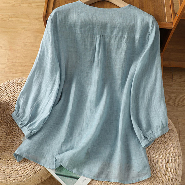 Buddha Stones Casual Embroidery Single Breasted Button Half Sleeve Women's V-neck Shirt - image 1