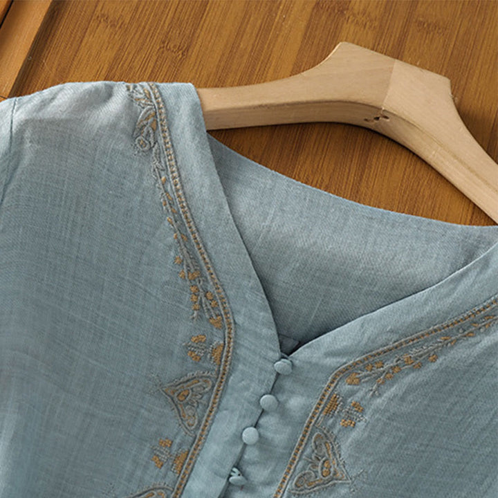 Buddha Stones Casual Embroidery Single Breasted Button Polyester Half Sleeve Women's V-neck Shirt - image 6