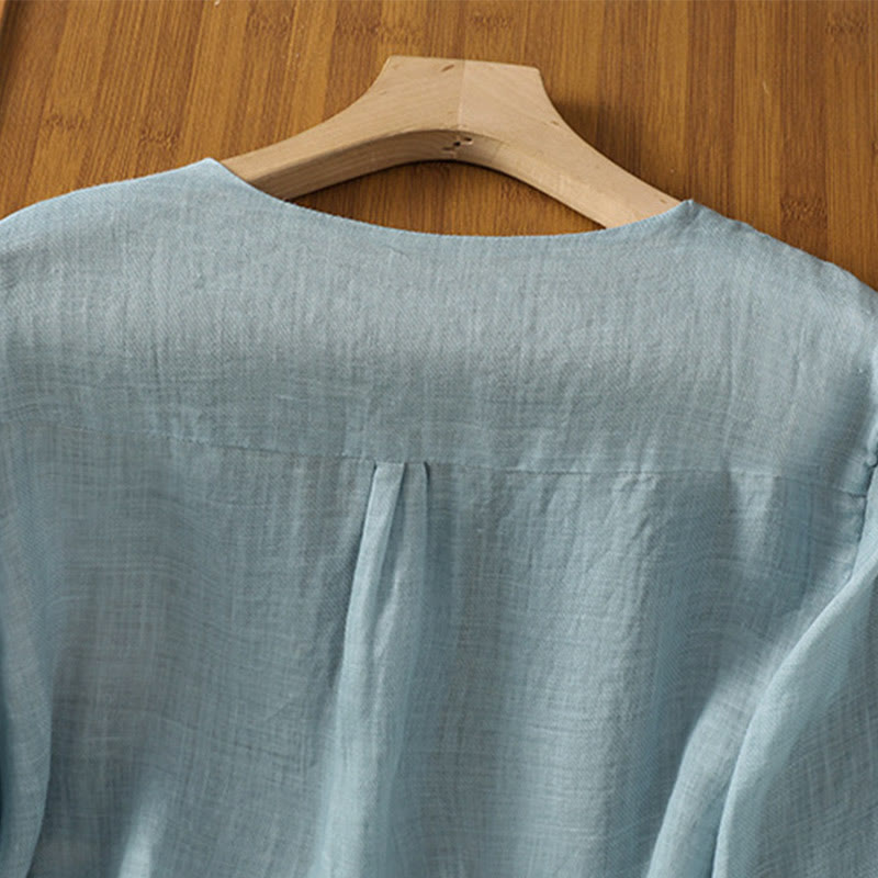 Buddha Stones Casual Embroidery Single Breasted Button Polyester Half Sleeve Women's V-neck Shirt - image 3