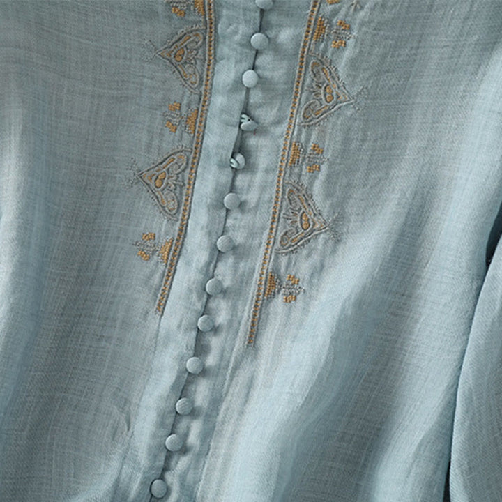 Buddha Stones Casual Embroidery Single Breasted Button Polyester Half Sleeve Women's V-neck Shirt - image 8