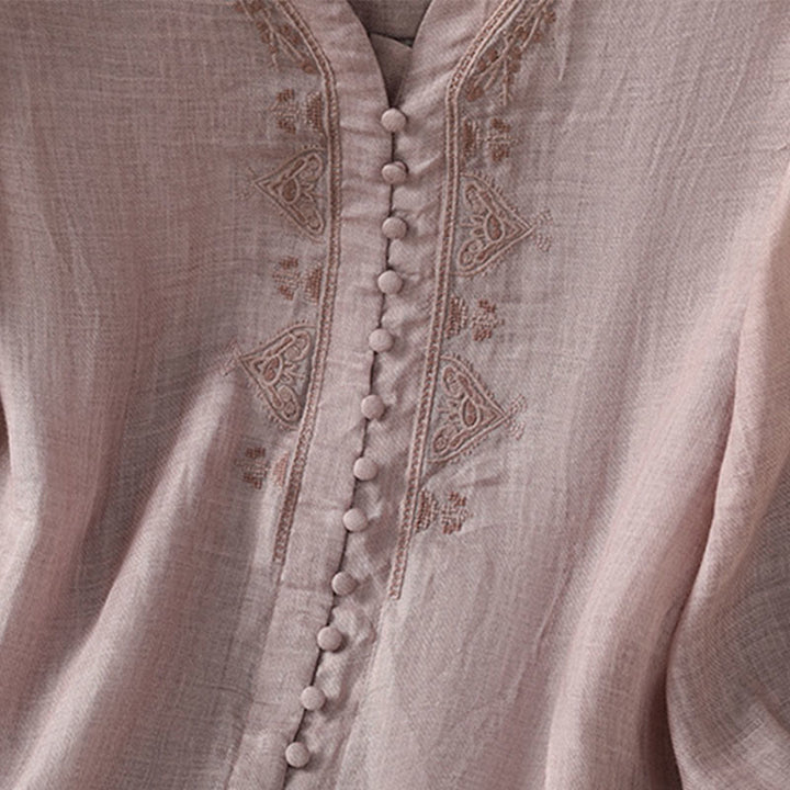 Buddha Stones Casual Embroidery Single Breasted Button Half Sleeve Women's V-neck Shirt - image 13