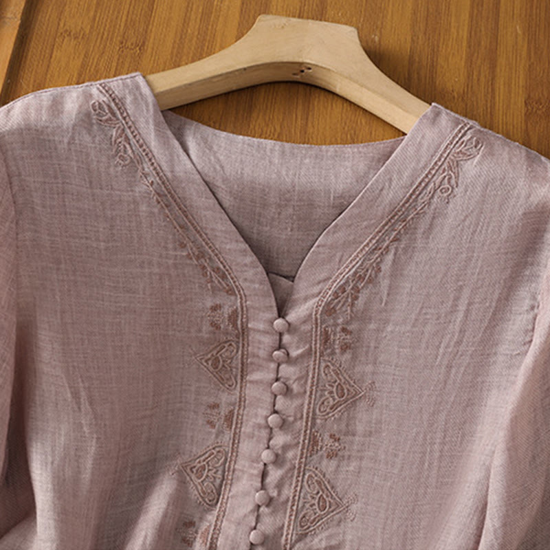 Buddha Stones Casual Embroidery Single Breasted Button Half Sleeve Women's V-neck Shirt - image 18