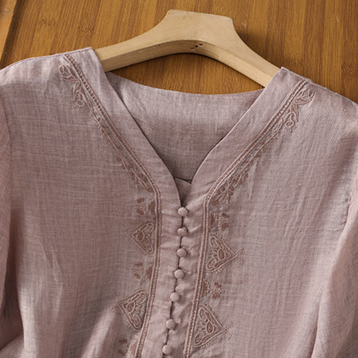 Buddha Stones Casual Embroidery Single Breasted Button Half Sleeve Women's V-neck Shirt - image 18