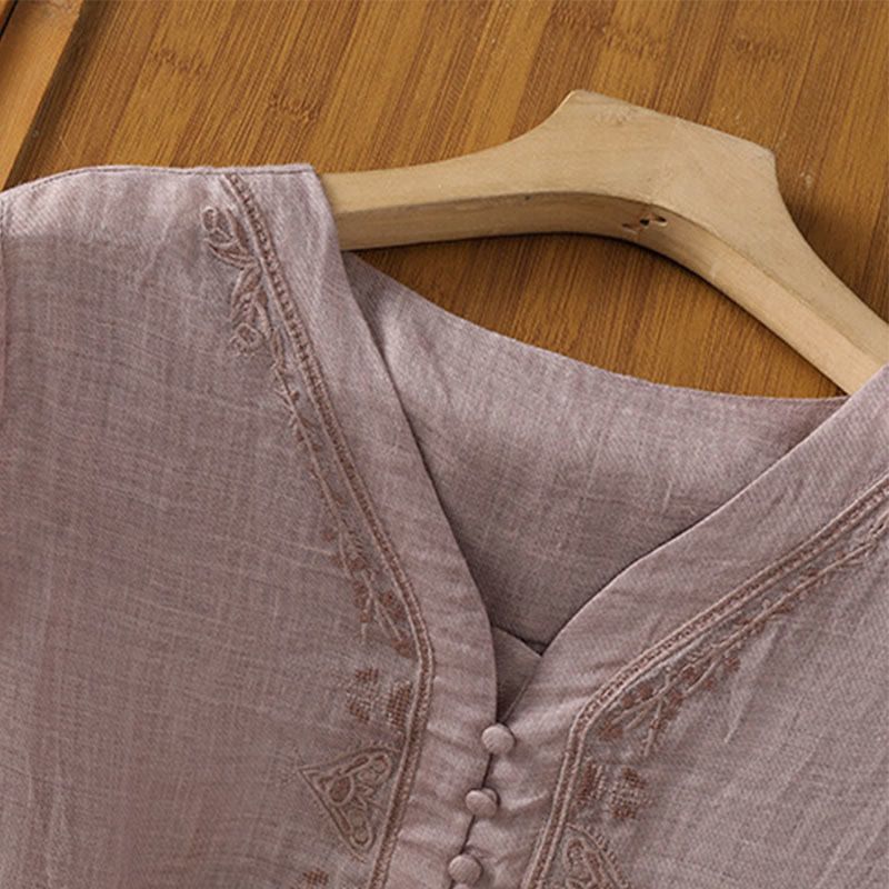 Buddha Stones Casual Embroidery Single Breasted Button Polyester Half Sleeve Women's V-neck Shirt - image 14