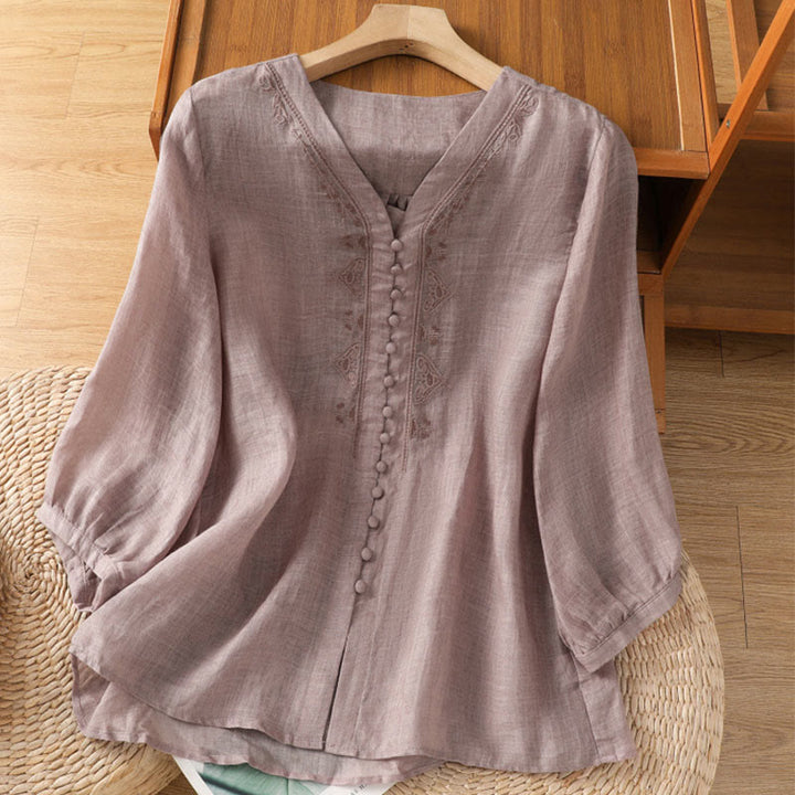 Buddha Stones Casual Embroidery Single Breasted Button Polyester Half Sleeve Women's V-neck Shirt - Thistle - US8-10，UK/AU12-14，EU40-42 (2XL) - image 10