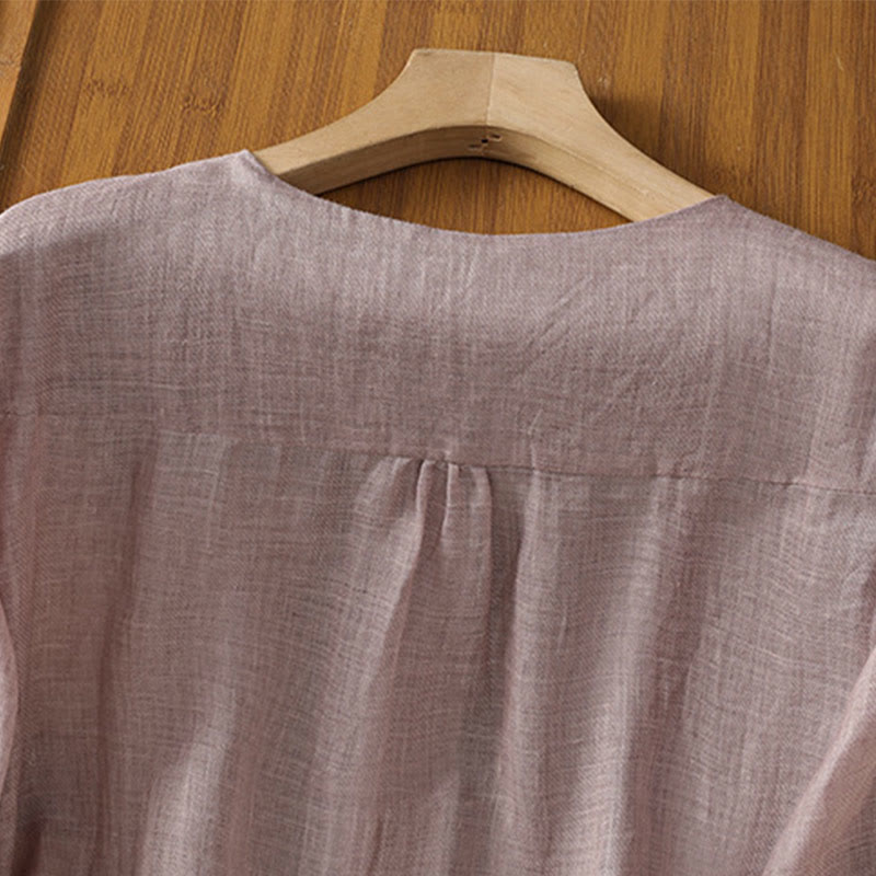 Buddha Stones Casual Embroidery Single Breasted Button Half Sleeve Women's V-neck Shirt - image 15
