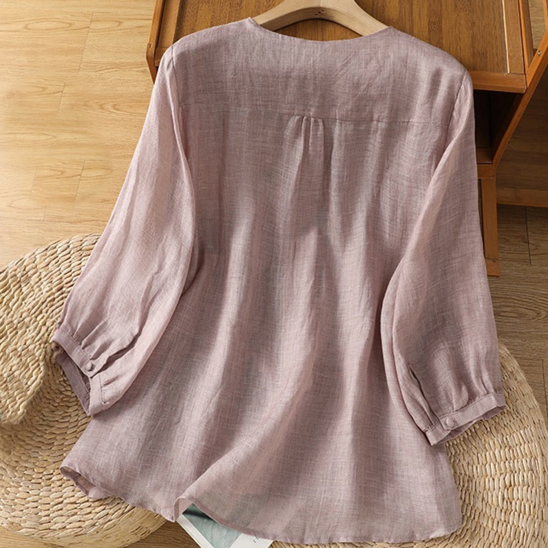 Buddha Stones Casual Embroidery Single Breasted Button Polyester Half Sleeve Women's V-neck Shirt - image 11