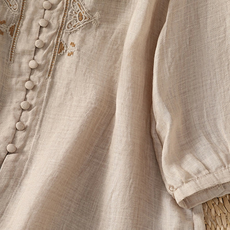 Buddha Stones Casual Embroidery Single Breasted Button Half Sleeve Women's V-neck Shirt - image 23