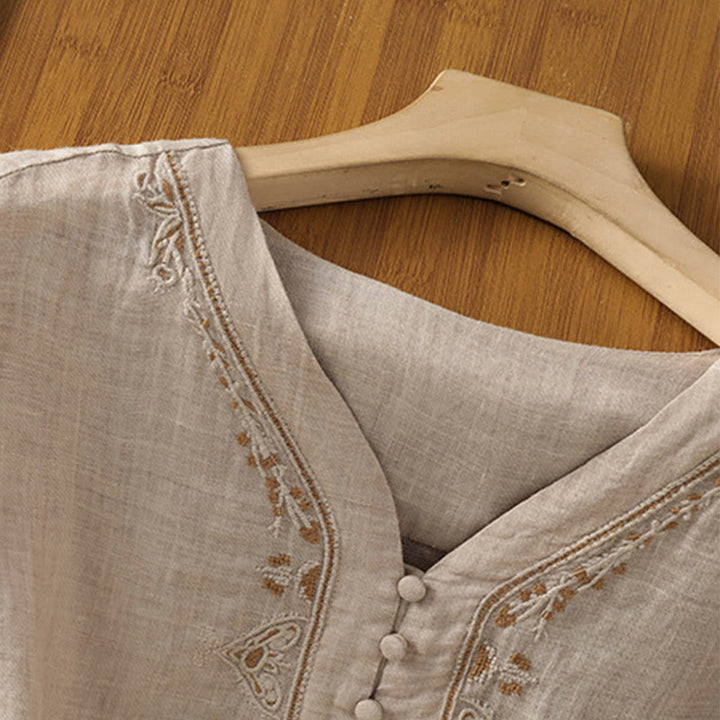Buddha Stones Casual Embroidery Single Breasted Button Half Sleeve Women's V-neck Shirt - image 24