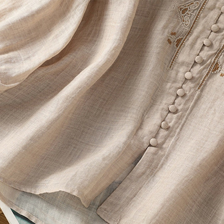 Buddha Stones Casual Embroidery Single Breasted Button Polyester Half Sleeve Women's V-neck Shirt - image 27