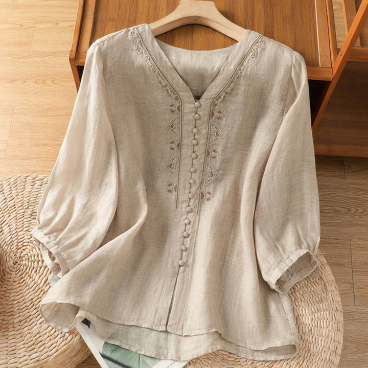Buddha Stones Casual Embroidery Single Breasted Button Polyester Half Sleeve Women's V-neck Shirt - Beige - US8-10，UK/AU12-14，EU40-42 (2XL) - image 19