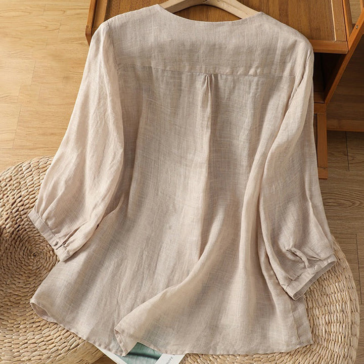 Buddha Stones Casual Embroidery Single Breasted Button Polyester Half Sleeve Women's V-neck Shirt - image 20