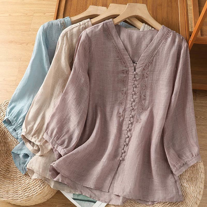 Buddha Stones Casual Embroidery Single Breasted Button Half Sleeve Women's V-neck Shirt - image 28