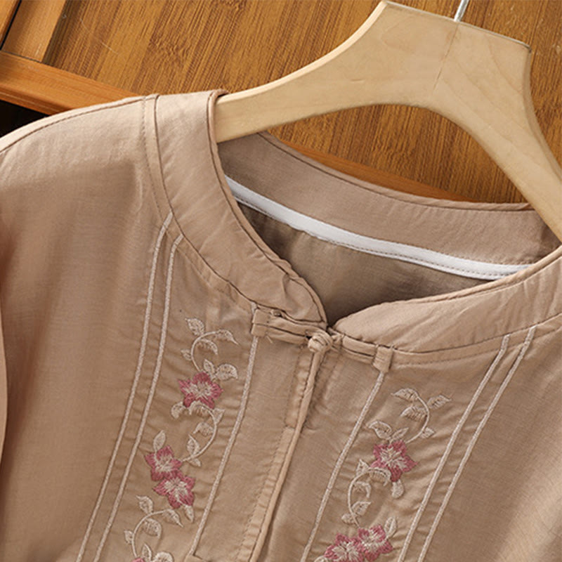 Buddha Stones Casual Embroidery Frog-Button Cotton Polyester Half Sleeve Women's Stand Collar Shirt - image 3