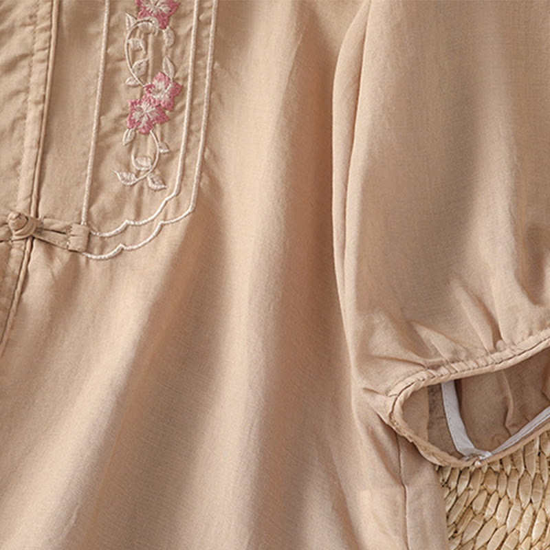 Buddha Stones Casual Embroidery Frog-Button Cotton Polyester Half Sleeve Women's Stand Collar Shirt - image 5