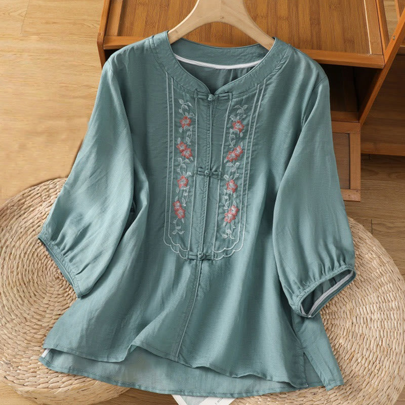 Buddha Stones Casual Embroidery Frog-Button Cotton Polyester Half Sleeve Women's Stand Collar Shirt - CadetBlue - US8-10，UK/AU12-14，EU40-42 (2XL) - image 6