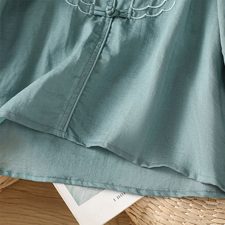 Buddha Stones Casual Embroidery Frog-Button Cotton Polyester Half Sleeve Women's Stand Collar Shirt - image 9