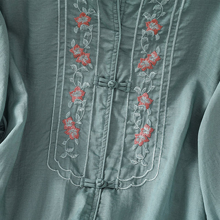 Buddha Stones Casual Embroidery Frog-Button Cotton Polyester Half Sleeve Women's Stand Collar Shirt - image 10