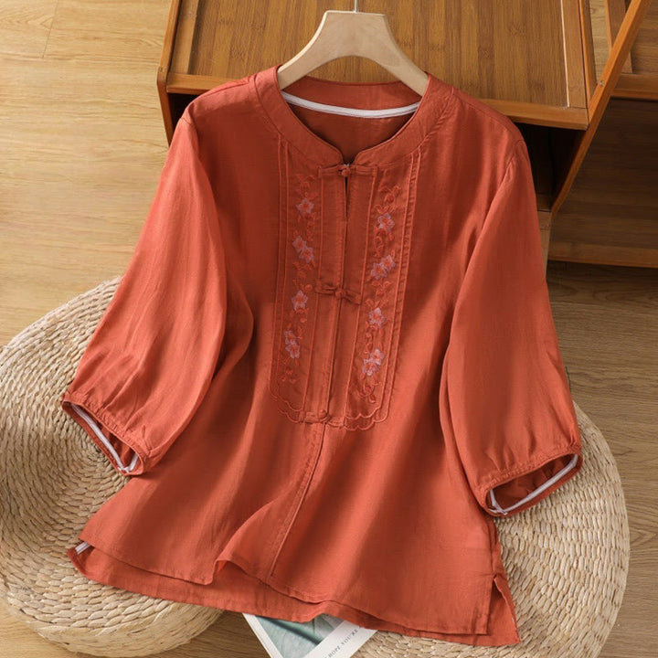 Buddha Stones Casual Embroidery Frog-Button Cotton Polyester Half Sleeve Women's Stand Collar Shirt - Tomato - US8-10，UK/AU12-14，EU40-42 (2XL) - image 12
