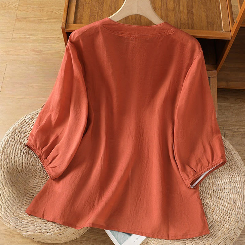 Buddha Stones Casual Embroidery Frog-Button Cotton Polyester Half Sleeve Women's Stand Collar Shirt - image 13