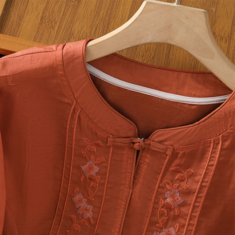 Buddha Stones Casual Embroidery Frog-Button Cotton Polyester Half Sleeve Women's Stand Collar Shirt - image 15