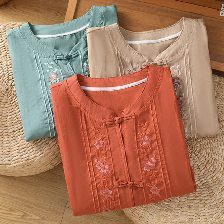 Buddha Stones Casual Embroidery Frog-Button Cotton Polyester Half Sleeve Women's Stand Collar Shirt - image 17