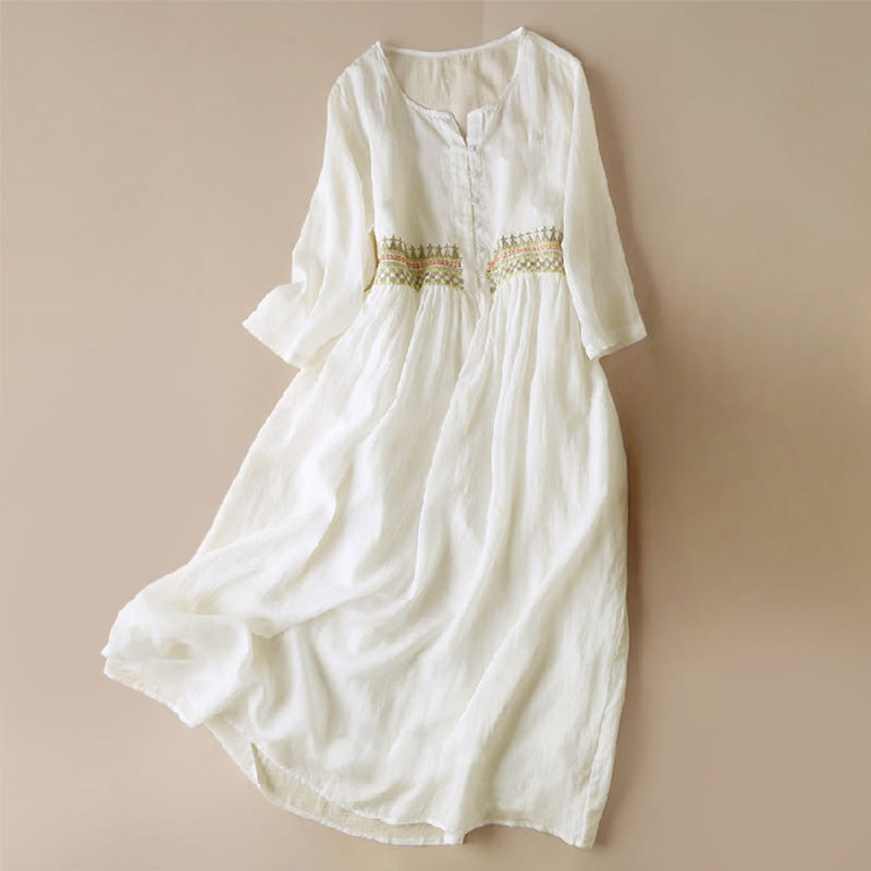 Buddha Stones Embroidery Geometry Half Sleeve Women's Midi Dress With Pockets - White - US14，UK/AU18，EU46 (4XL) - image 0