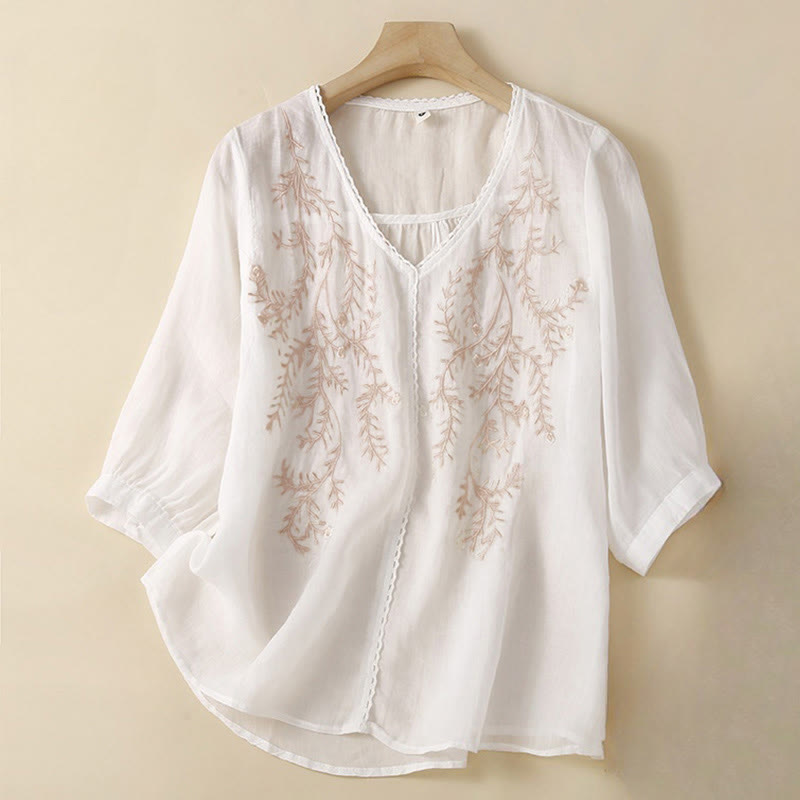 Buddha Stones Summer Casual Flower Branches Embroidered Pattern V-Neck Half Sleeve Cotton Linen Women's T-shirt - White - US8-10，UK/AU12-14，EU40-42 (2XL) - image 6