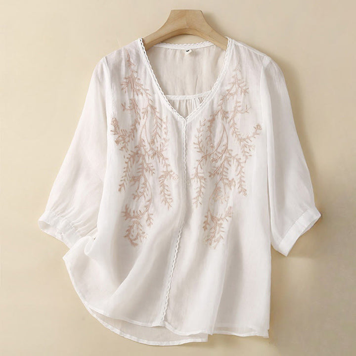 Buddha Stones Summer Casual Flower Branches Embroidered Pattern V-Neck Half Sleeve Cotton Linen Women's T-shirt - White - US8-10，UK/AU12-14，EU40-42 (2XL) - image 6
