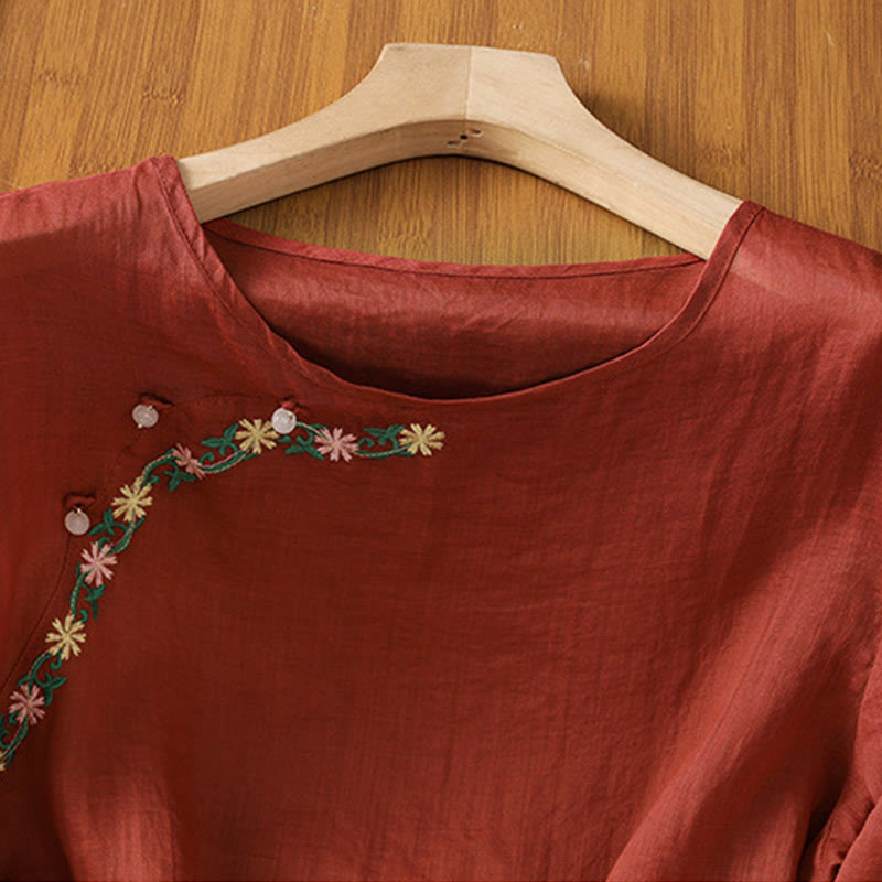 Buddha Stones Casual Embroidery Flowers Cotton Polyester Half Sleeve Women's Crew Neck Shirt - image 2