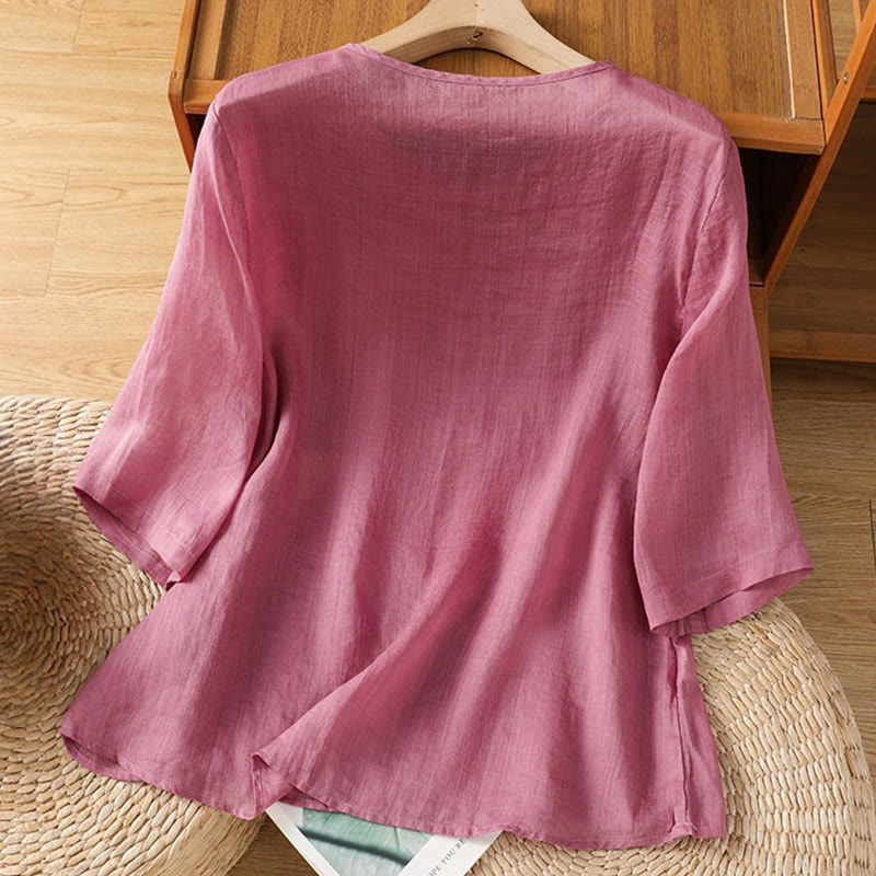 Buddha Stones Casual Embroidery Flowers Cotton Polyester Half Sleeve Women's Crew Neck Shirt - image 8