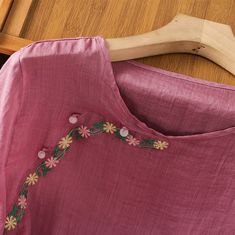 Buddha Stones Casual Embroidery Flowers Cotton Polyester Half Sleeve Women's Crew Neck Shirt - image 11