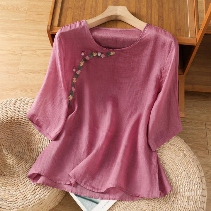 Buddha Stones Casual Embroidery Flowers Cotton Polyester Half Sleeve Women's Crew Neck Shirt - PaleVioletRed - US14，UK/AU18，EU46 (2XL) - image 7