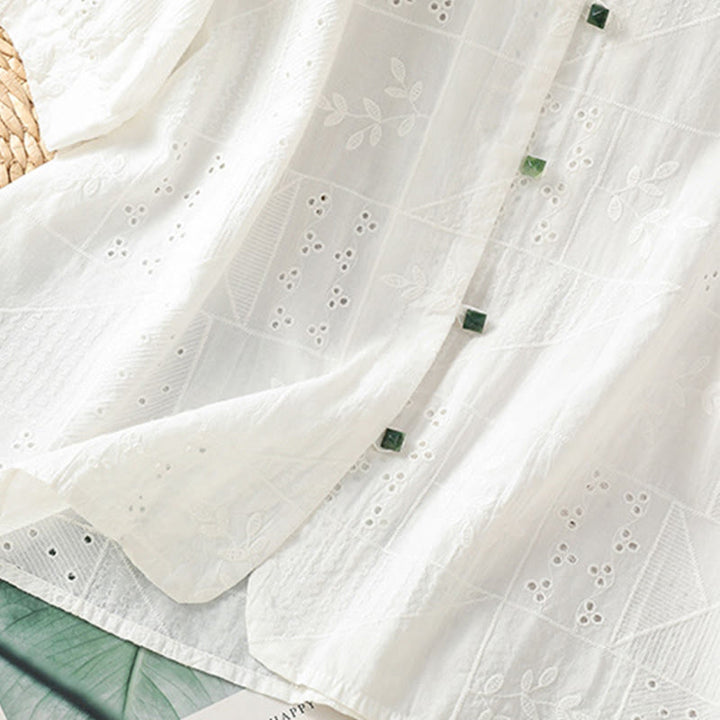 Buddha Stones Casual Embroidery Hollow Cotton Polyester Half Sleeve Women's Crew Neck Shirt - image 5